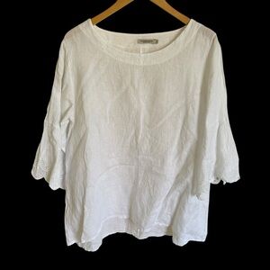 Valentina Naldi Italy Sz 1X 100% Linen Blouse Top Crochet Lace Sleeves Scoopneck